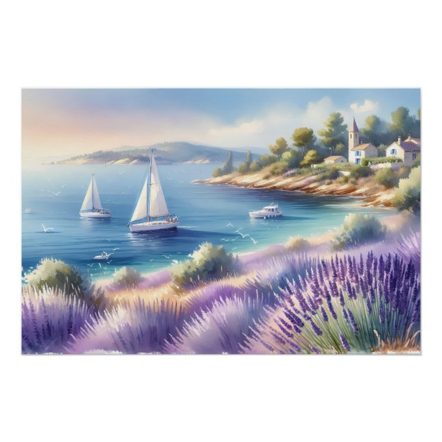 Mediterranean Lavender Coast with Sailboats Poster (Front)