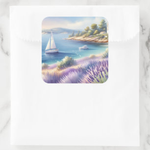 Mediterranean Lavender Coast with Sailboats Square Sticker