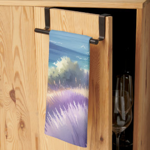 Mediterranean Lavender Coast with Sailboats Tea Towel