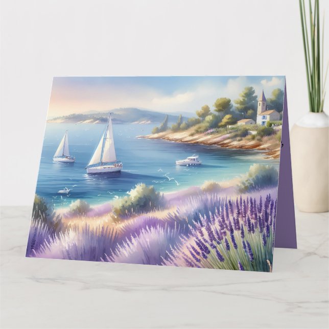 Mediterranean Lavender Coast with Sailboats Thank You Card (Front)