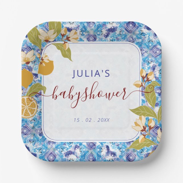 Mediterranean Lemon Amalfi Coast Baby Shower Paper Plate (Front)