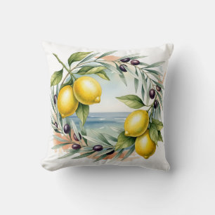 Mediterranean Lemon and Olive Branch Watercolor  Cushion