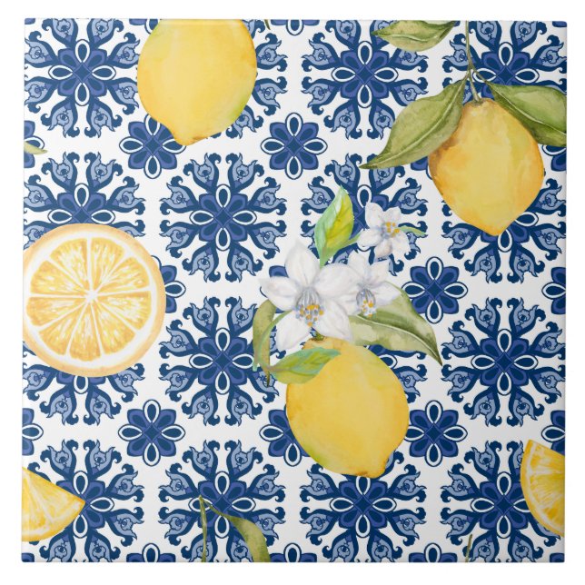 Mediterranean Lemon Azulejo Pattern  Tile (Front)