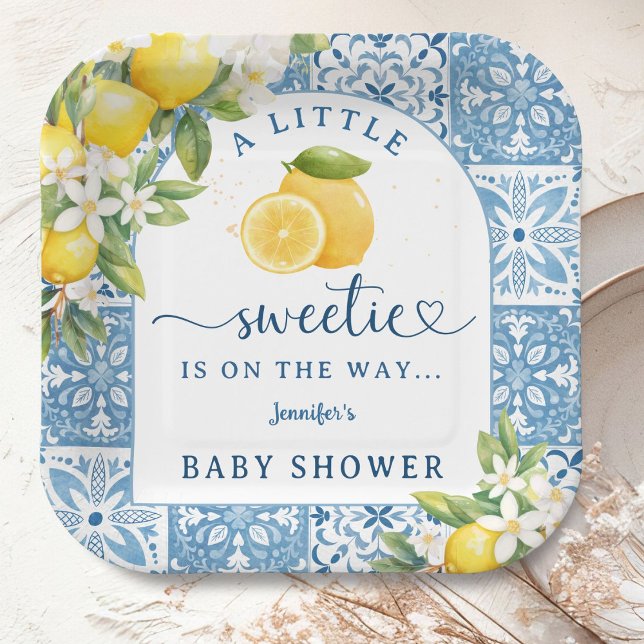 Mediterranean Lemon Baby Shower Blue Tiles Paper Plate (Creator Uploaded)
