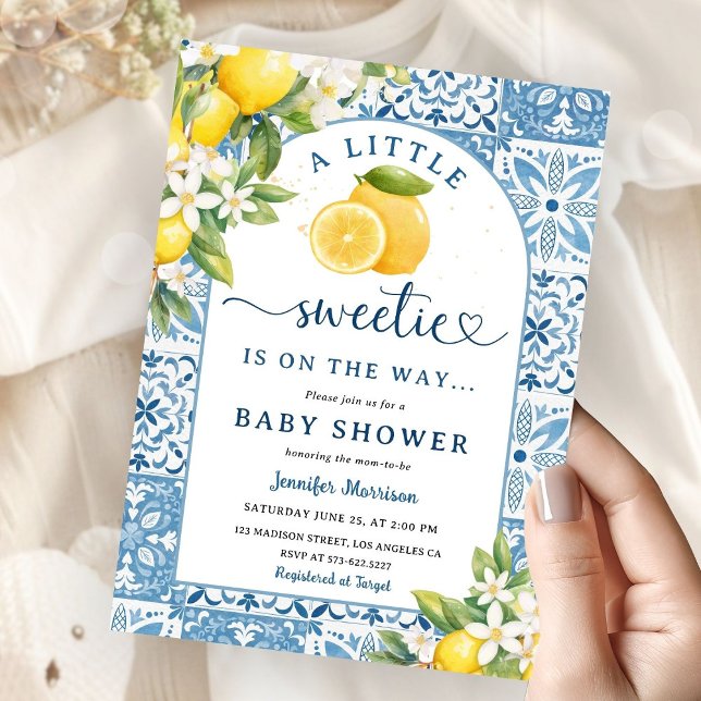  Mediterranean Lemon Baby Shower Boy Blue Tiles Invitation (Creator Uploaded)