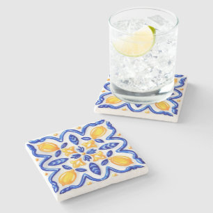 Mediterranean Lemon Blossom Ceramic Hand Painted Stone Coaster