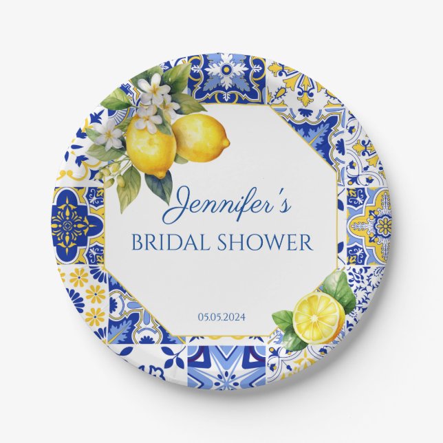 Mediterranean Lemon Blue Tile Amalfi Bridal Shower Paper Plate (Front)