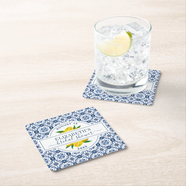 Mediterranean Lemon Blue Tile Bridal Shower Square Paper Coaster (Insitu)