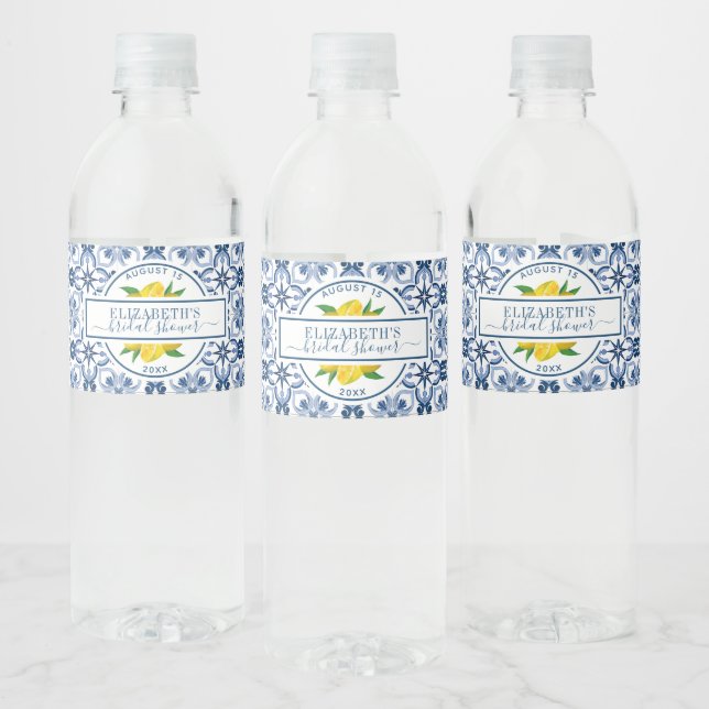 Mediterranean Lemon Blue Tile Bridal Shower Water Bottle Label (Bottles)