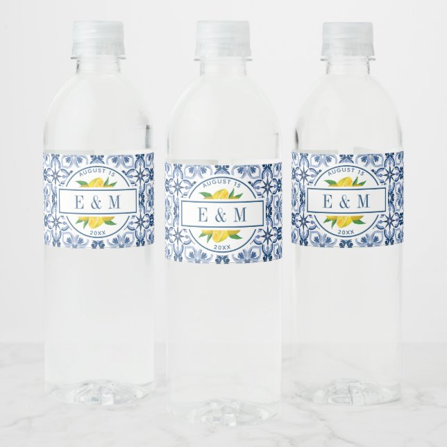 Mediterranean Lemon Blue Tile Bridal Shower Water Bottle Label (Bottles)