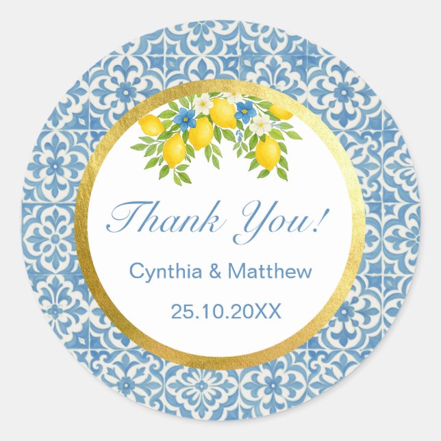 Mediterranean Lemon & Blue Tile Classic Round Sticker (Front)