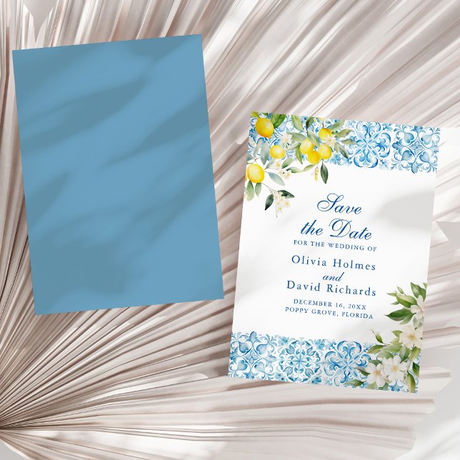 Mediterranean Lemon Blue Tile Coastal Save The Date (Italian Blue Tiles and Lemon Save The Date Card on a sunny white dry palm leaf.)