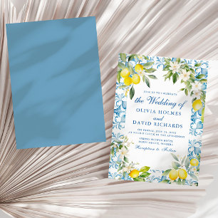 Mediterranean Lemon Blue Tile Coastal Wedding Invitation