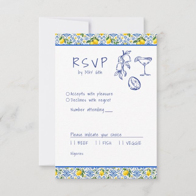 Mediterranean Lemon blue tile Hand Written RSVP Card (Front)