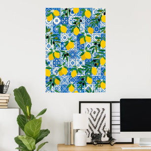 Mediterranean Lemon Blue Tile Pattern Art Poster