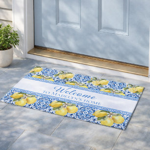 Mediterranean Lemon Blue Tile Personalised Welcome Doormat