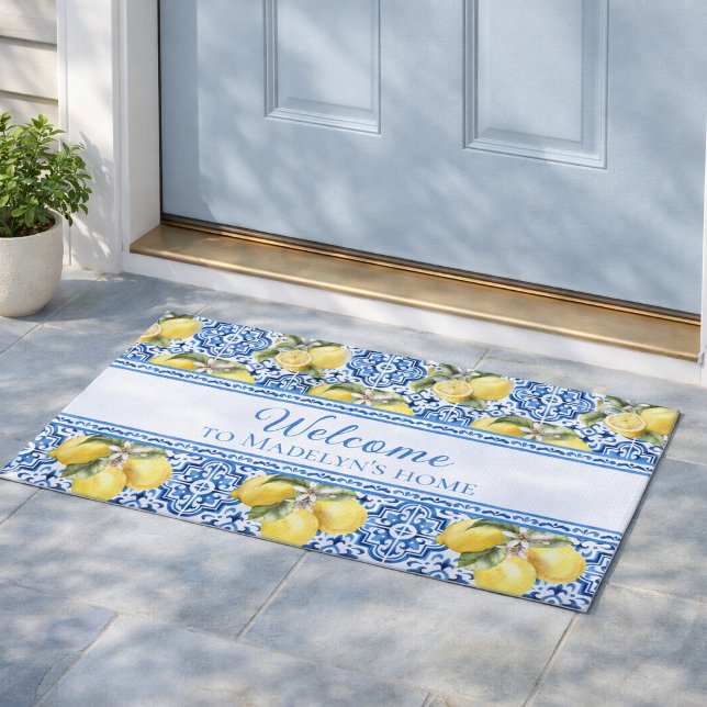 Mediterranean Lemon Blue Tile Personalised Welcome Doormat (Creator Uploaded)