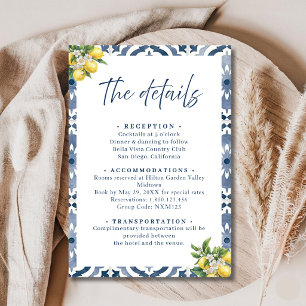 Mediterranean Lemon Blue Tile Wedding Detail Card