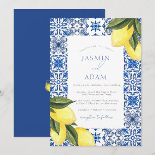 Mediterranean Lemon Blue Tile Wedding Invitation