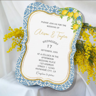 Mediterranean Lemon & Blue Tile Wedding Invitation