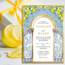Mediterranean Lemon & Blue Tile Wedding Invitation