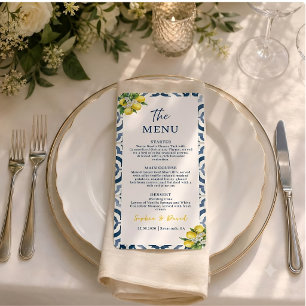 Mediterranean Lemon Blue Tile Wedding Menu Card