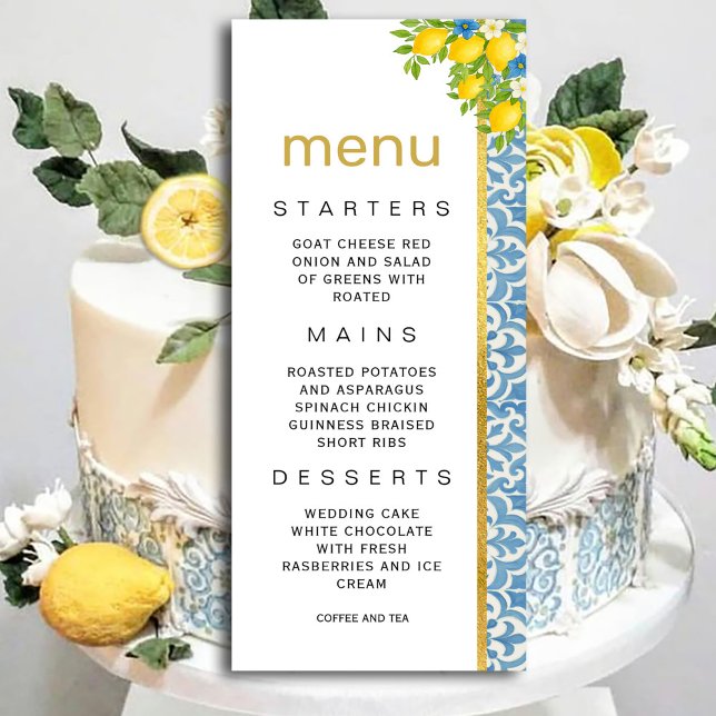 Mediterranean Lemon & Blue Tile Wedding Menu Invitation (Mediterranean Lemon & Blue Tile Wedding Menu Invitation #zazzlemade #menuinvitation #dinner #lemon)