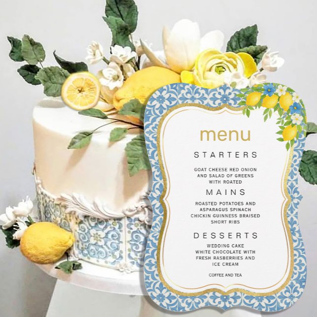 Mediterranean Lemon & Blue Tile Wedding Menu Invitation (Mediterranean Lemon & Blue Tile Wedding Menu Invitation #zazzlemade #yellowandbluemenu #dinnerinvita)