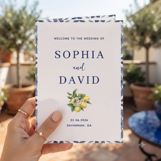 Mediterranean Lemon Blue Tile Wedding Program Card (Creator Uploaded)