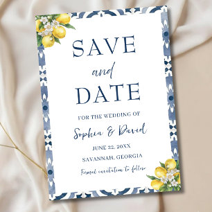 Mediterranean Lemon Blue Tile Wedding Save Date Save The Date