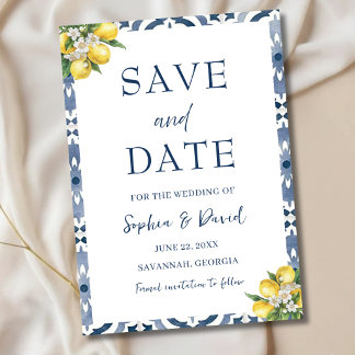 Mediterranean Lemon Blue Tile Wedding Save Date Save The Date
