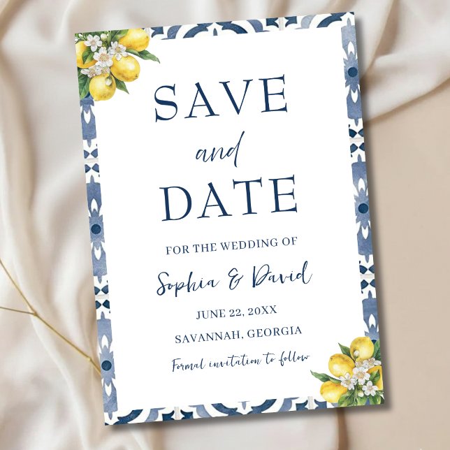 Mediterranean Lemon Blue Tile Wedding Save Date Save The Date (Creator Uploaded)