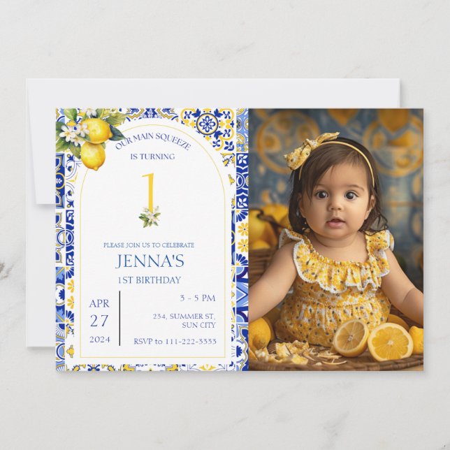 Mediterranean Lemon Blue Tiles 1st Photo Birthday  Invitation (Front)