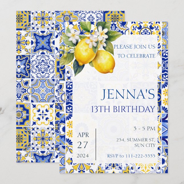 Mediterranean Lemon Blue Tiles Italian Birthday  Invitation (Front/Back)