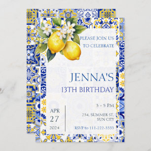 Mediterranean Lemon Blue Tiles Italian Birthday  Invitation