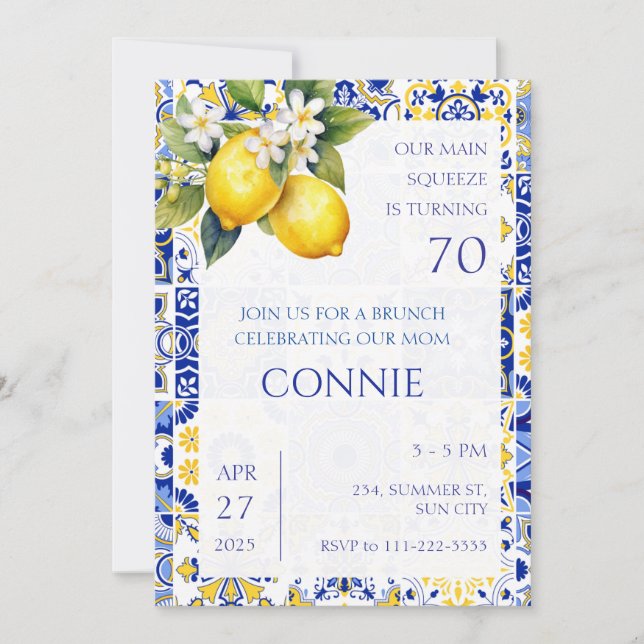 Mediterranean Lemon Blue Tiles Italian Birthday  Invitation (Front)