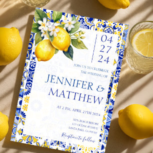 Mediterranean Lemon Blue Tiles Italian Wedding Invitation