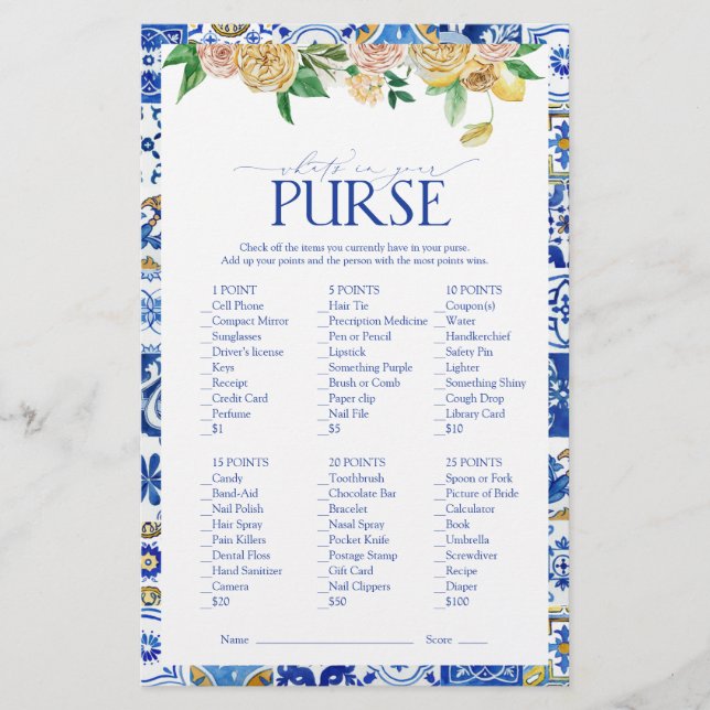 Mediterranean Lemon Bridal Shower Purse Game (Front)