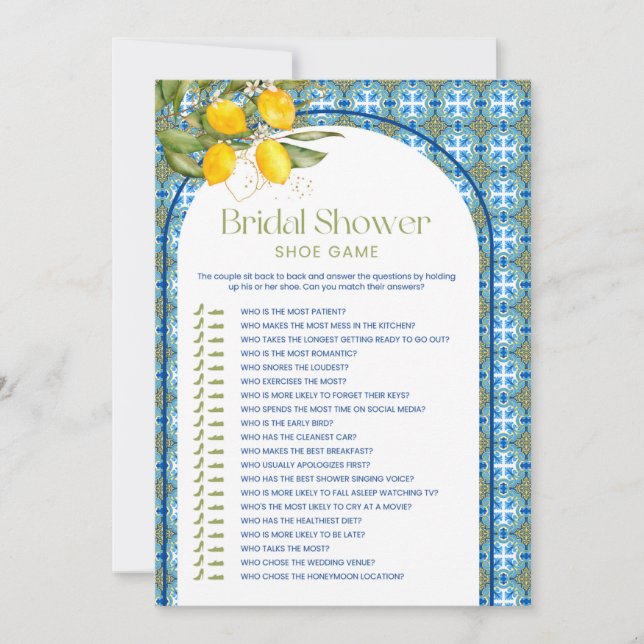 Mediterranean Lemon Bridal Shower Shoe Game Card (Front)
