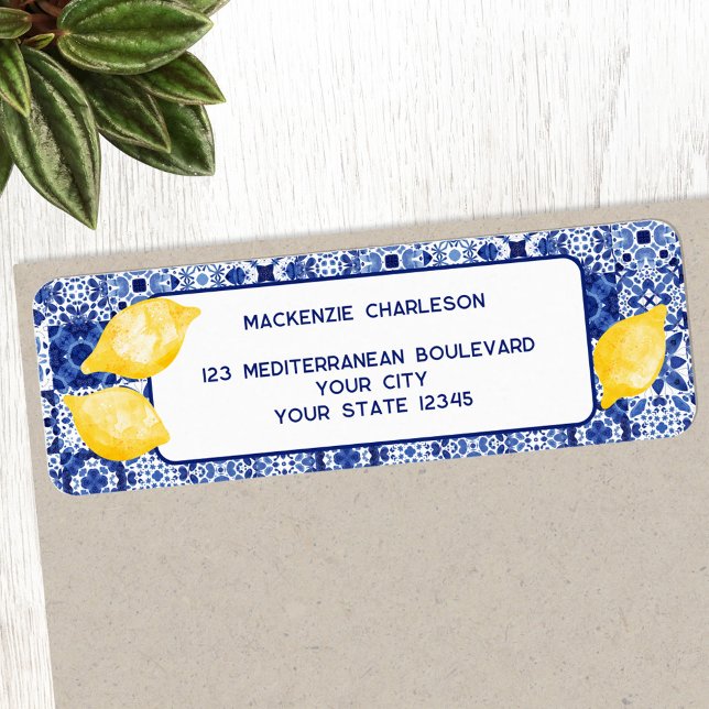 Mediterranean Lemon Ceramic Tile Return Address (Modern Mediterranean lemon citrus watercolor blue and white tile personalize return address labels)