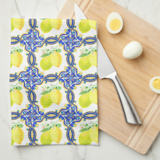 Mediterranean Lemon Citrus Blue And White Tea Towel