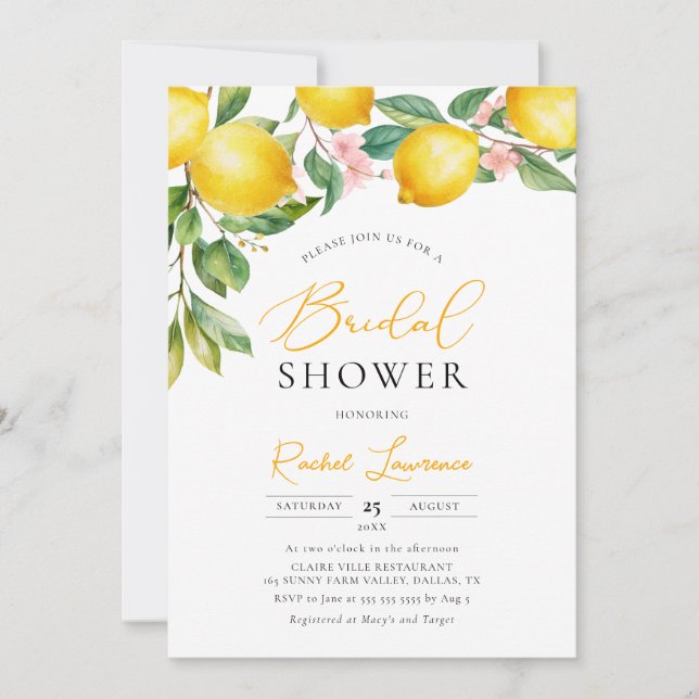 Mediterranean Lemon Citrus Bridal Shower Invitation (Front)