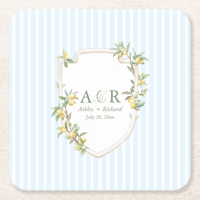Mediterranean Lemon Coastal Stripe Wedding Square Paper Coaster (Front)