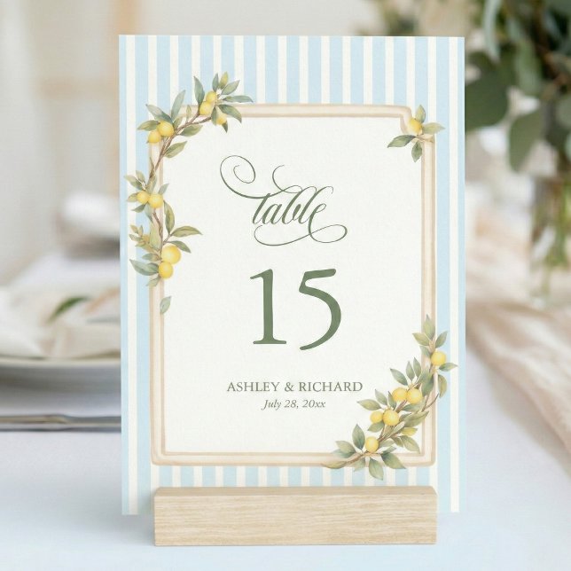 Mediterranean Lemon Coastal Stripe Wedding Table Number (elegant personalized mediterranean lemon coastal blue stripe table number with script calligraphy)
