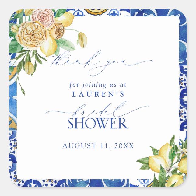 Mediterranean Lemon Floral Bridal Shower Thank You Square Sticker (Front)