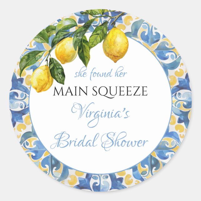 Mediterranean Lemon Main Squeeze Bridal Shower Classic Round Sticker (Front)