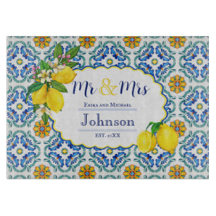 Mediterranean Lemon Mr & Mrs Gift for Newlyweds Cutting Board