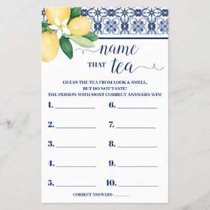 Mediterranean Lemon Name that Tea Shower Game Card