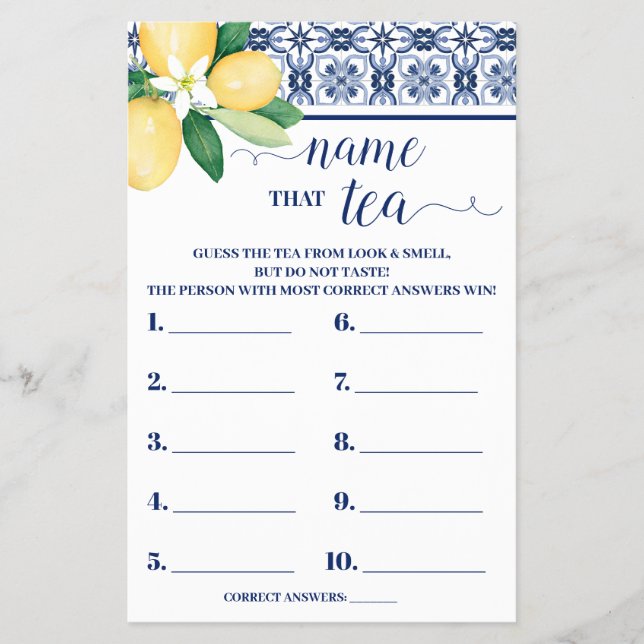 Mediterranean Lemon Name that Tea Shower Game Card (Front)