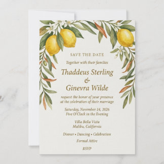 Mediterranean Lemon & Olive Botanical Elegant Save Invitation